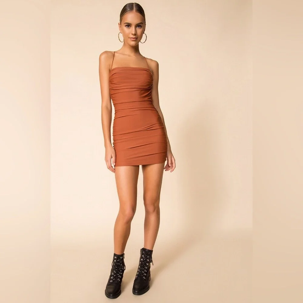 Elegant Rust Bodycon Dress - Picture 3 of 9